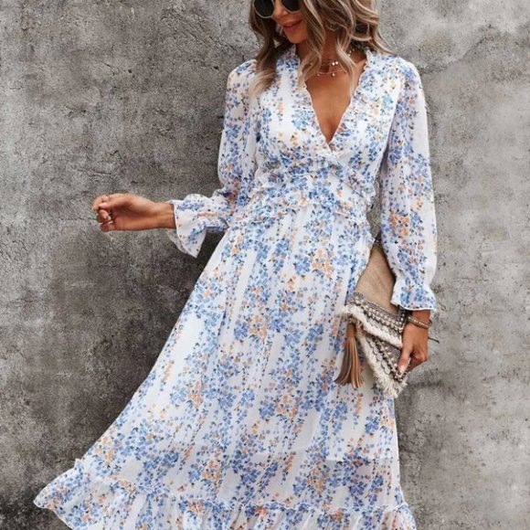 Floral Ditsy Ruffle Hem Dress white blue Shabby Chic Cottagecore - Picture 4 of 6